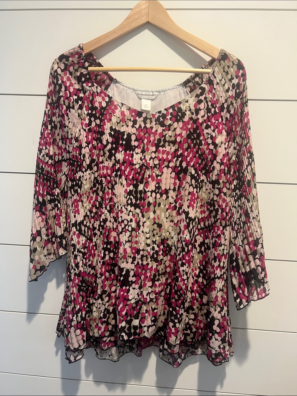 Christopher & Banks Pink Black Cream Multicolor Pleated Scoop Neck Blouse